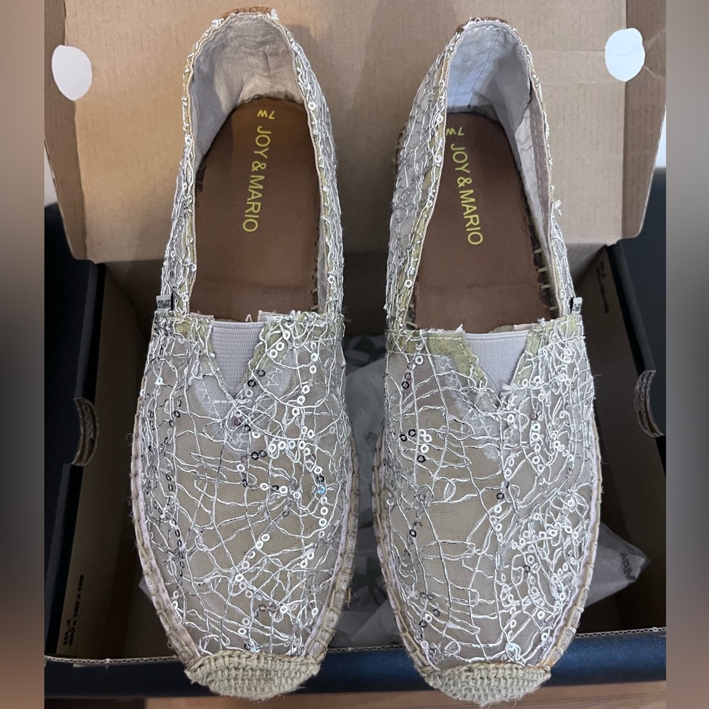 Joy&Mario’s Handmade Women’s Slip-On Espadrille Mesh Loafers Flats in Silver